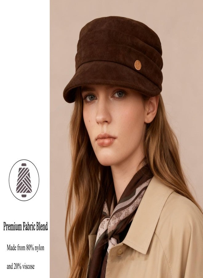 huablo Women's Suede Flat Top Newsboy Cap - Soft Brim &Hook - and - Loop Adjustment - Fall Winter Cabbie Paperboy Hats - Brown - Image 2